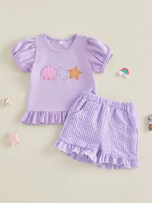 Toddler Baby Girl Clothes Summer Short Sleeve Starfish Conch Seashell T-Shirt Ruffle Plaid Shorts Outfits 6M-4T - Màu tím - Xem 6