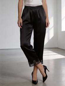 Women Satin Silk Lace Trim Pants Elastic Waist Y2k Wide Leg Lounge Pajama Bottoms Causal Going Out Trousers - 黑色 - 查看 1