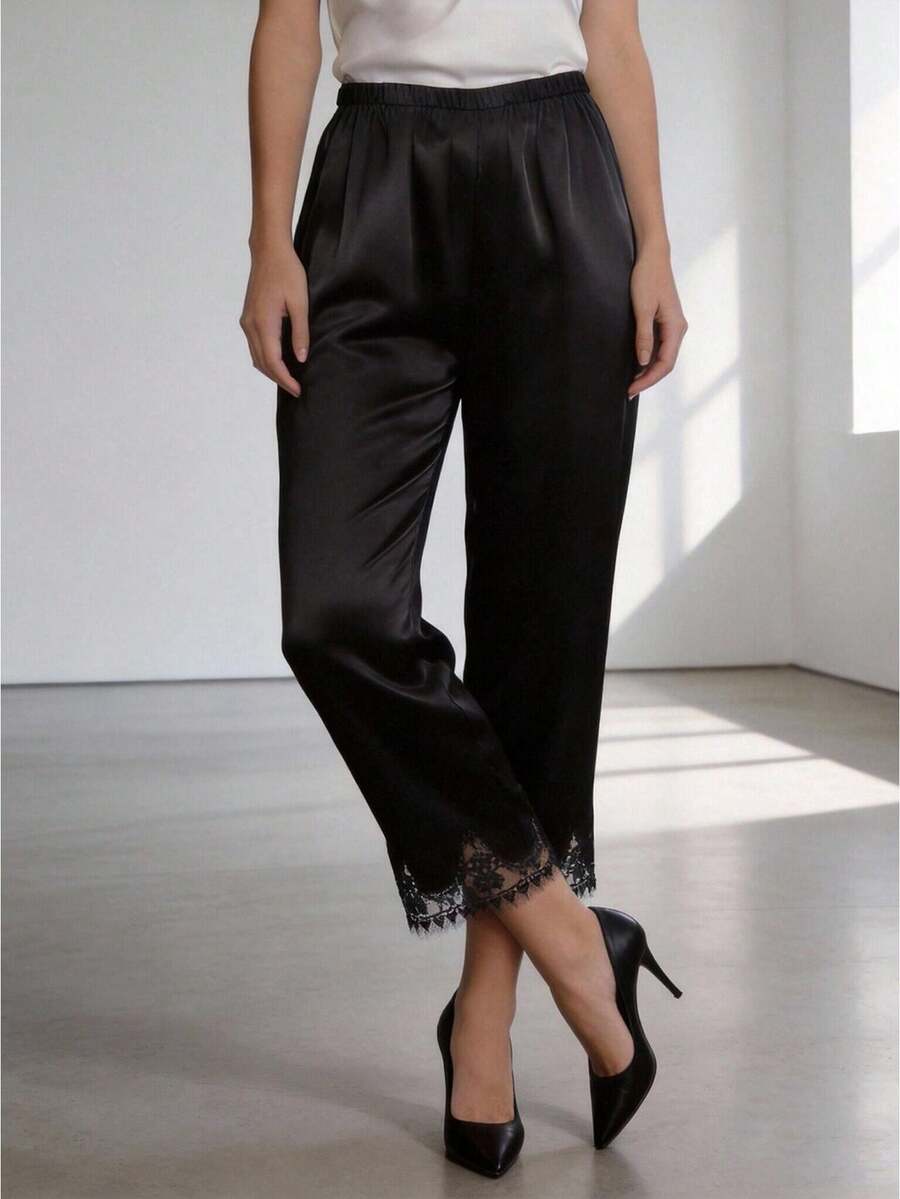 Women Satin Silk Lace Trim Pants Elastic Waist Y2k Wide Leg Lounge Pajama Bottoms Causal Going Out Trousers - 黑色 - 查看 1