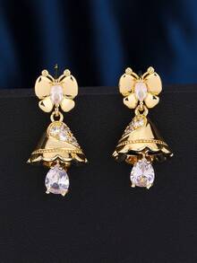 1 Pair Luxurious Jhumka Copper Zirconia Butterfly Earrings, Golden Fashion Creative Bell Teardrop Rhinestone Cute Jhumki Earrings, Suitable For Girls, Women's Daily, Festival, Wedding And Party Wear/Jewelry Gift - Classic - View 6
