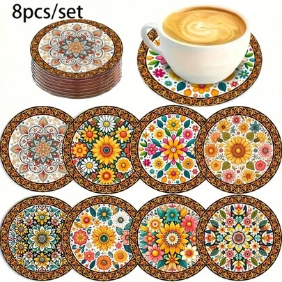 8pcs/Set Bohemian Style Mandala Coaster Set, Fashionable Wooden Coasters, Suitable For Coffee Tables, Dinners And Gifts, Handmade Home Decor, Great For Christmas, Weddings And Theme Parties