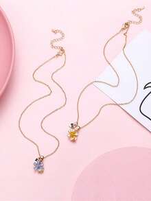 2pcs/Set Girls' Zinc Alloy Colorful Enamel Flower Pendant Necklace Set, Includes Heart-Shaped BFF Charm, Suitable For Daily Wear And Sharing With Best Friends - one-size - View 2