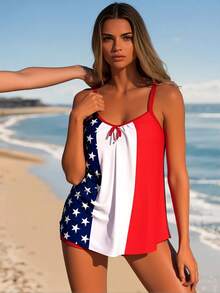 Women's 2pcs Tankini Swimsuit, Independence Day American Flag Pattern Design, Thin Strap Swim Skirt With Swim Shorts, Tummy Control Swimsuit, Conservative Full Coverage Swimwear Set Suitable For Beach Vacations And Water - 混合顏色 - 查看 5