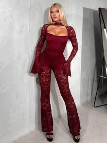 Yujie Style Spicy Girl Slim Fit And Slimming Party Street Fashion Sexy Hollow Trumpet Sleeves Lace Jumpsuit Pants - 酒紅色 - 查看 1