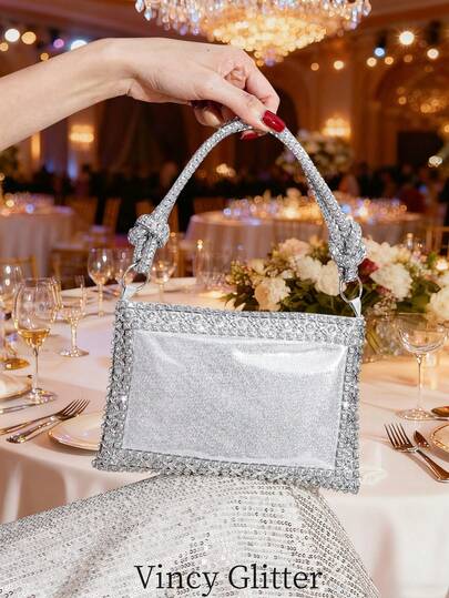 银色亮片水钻装饰小方包，女士晚宴包，适合日常、约会、购物、派对等场合，百搭手拿包