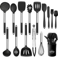 Silicone Cooking Utensil Set, 15pcs Silicone Cooking Kitchen Utensils Set, Non-Stick - Best Kitchen Cookware With Stainless Steel Handle - Black/Grey - Black - View 11