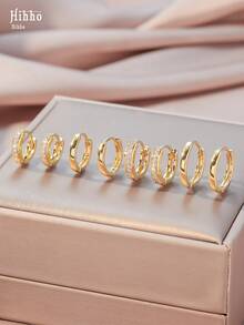 Hihho 8pcs Gold Tone Hoop Earrings With Cubic Zirconia, Minimalist Luxury Style Suitable For Daily Commute, Full Ear Stacking, Work Outfit, Light Social Occasions, Holiday Gifts - Earrings - View 9