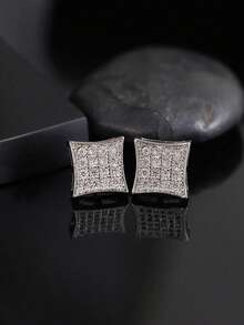 2pcs Hip Hop Ice Crystal Men'S Square Copper Inlaid Zirconia Earrings Hypoallergenic Fashion Earrings Suitable For Gifts - Multicolor - View 4