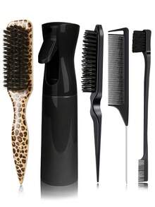 4件套尖尾胡须刷套装，男士复古造型油刷，喷雾瓶，胡须刷，用于打造光滑马尾辫和抚平碎发的后梳发刷，边缘控制 - 带宽尖尾的倒梳和蓬松发刷，用于分区和分缝 - 多色 - 查看 2