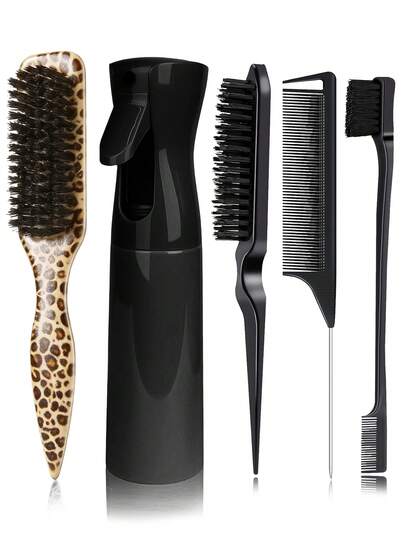 4Pcs Sharp Tailed Beard Brush Kit, Men's Vintage Oil Head Styling Brush, Spray Bottle, Beard Brush, Slick Back Hair Brush For Sleek Ponytail Bun & Smoothing Baby Hairs, Edge Control - Backcombing & Teasing Hairbrush With Wide Rat Tail For Sectioning & Parting