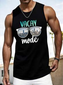 Men's Summer Letter & Palm Tree Printed Round Neck Casual Tank Top - Black - View 1