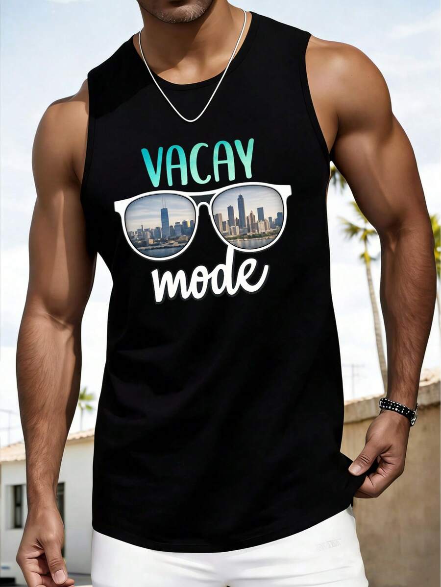 Men's Summer Letter & Palm Tree Printed Round Neck Casual Tank Top - Black - View 1