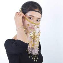 一件手工雪纺面纱，配有垂坠金属硬币和弹力发带，肚皮舞服装套装，含亮片纱丽裙，适合节日派对、夜店、海滩装饰、波西米亚复古风格 - 彩色 - 查看 9