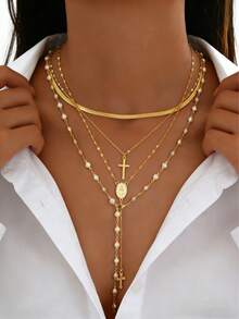 四件套女士项链套装，波西米亚风首饰，珍珠十字架多层金链项链，夏季假日首饰，Y字形长项链设计，适合日常通勤、复古派对约会等场合，时尚高端气质项链组合，节日生日礼物 - 金黃色 - 查看 1