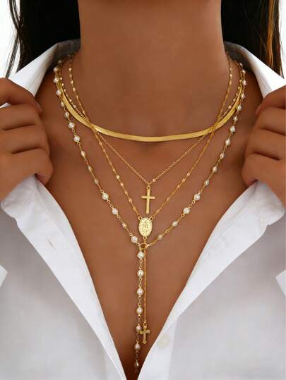 四件套女士项链套装，波西米亚风首饰，珍珠十字架多层金链项链，夏季假日首饰，Y字形长项链设计，适合日常通勤、复古派对约会等场合，时尚高端气质项链组合，节日生日礼物
