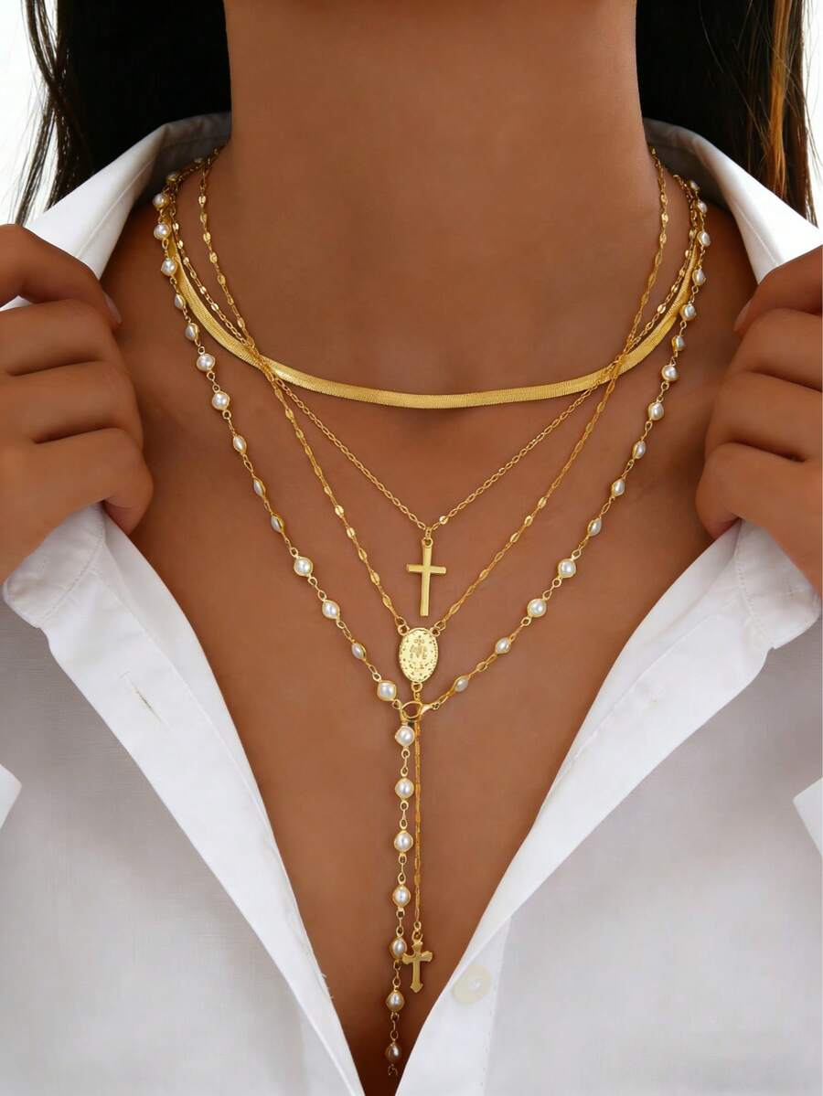 四件套女士项链套装，波西米亚风首饰，珍珠十字架多层金链项链，夏季假日首饰，Y字形长项链设计，适合日常通勤、复古派对约会等场合，时尚高端气质项链组合，节日生日礼物 - 金黃色 - 查看 1