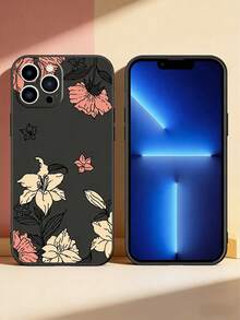 1pc Lily Flower Painted Phone Case Suitable For IPhone 11 12 13 14 Pro Max, 16e 17 Air A12 S25 A55 - Black - View 3