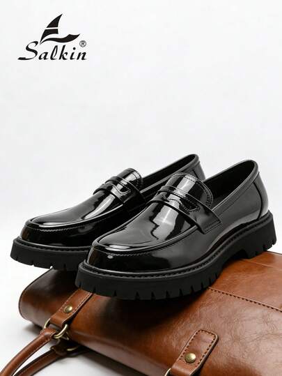 Salkin New Designer Men's Slip-On Penny Loafers, British Style Leather Dress Shoes, Vintage Vibe, Soft & Comfortable, Round Toe, Elegant Formal Oxfords, Glossy Patent Leather, Rubber Thickened Outsole, Versatile For Casual, Date, Party, Wedding, Ideal Gift, Suitable For Spring, Summer, Autumn, Size Runs Small, Please Order One Size Up