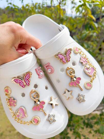 16pcs Pink Ballet Angel, Heart Rose, Flower, Star, Number 5, Glitter Butterfly Detachable Decorative Accessories, Suitable For Sandals, Slippers, Clogs, Garden Shoes, Beach Shoes, All Seasons, Great Holiday Gift