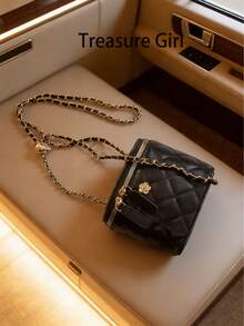 Bolso de cadena con caja y diseño de camelias en rombo, bolso de hombro cruzado mini para mujer, novedad 2026 - Negro - Ver 1