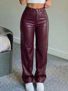 Women's High Waist Glossy PU Leather Wide Leg Pants, Matte Coating, Fashion Versatile, Suitable For Party, Commute, Music Festival, Vacation, Casual Straight Leg Pants, Spring/Summer Essential, Bestseller, Y2K Style, Suitable For Party, Commute, Holiday, Festival, Outdoor Activities, Spring/Summer Wear, Suitable For Tall Women, Outerwear, Black, Trousers - Burgundy - 1 - View 3