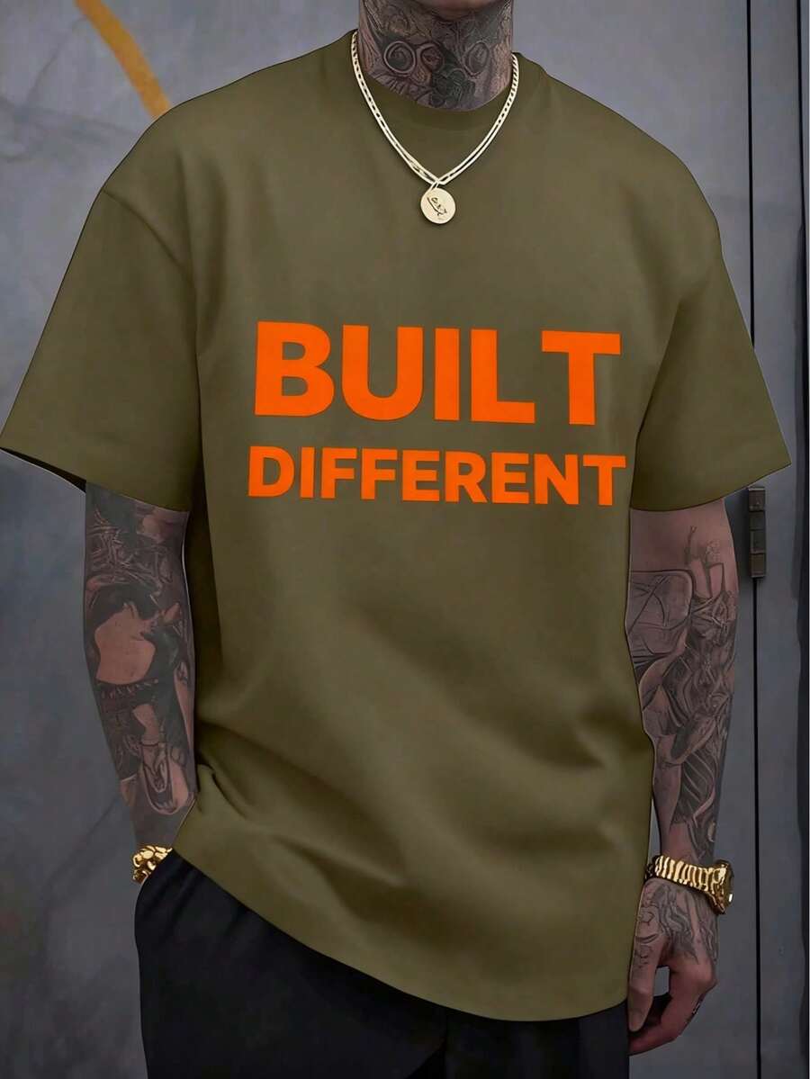 Men's T-Shirt, Classic Graphic T-Shirt, Soft And Comfortable T-Shirts For Men, Script Logo, 180g, 100% Cotton - Army Green - View 1