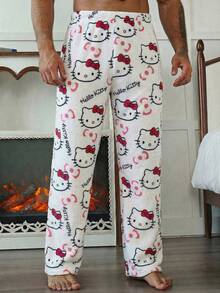 1 pieza Pantalones de pijama negros informales con Hello Kitty para hombres, pantalones rectos de anime Sanrio para cosplay, otoño/invierno - Blanco - Ver 1