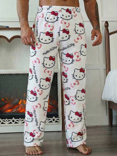  1pc Men's Casual Black Bottom Hello Kitty Pajama Pants, Sanrio Straight Leg Anime Cosplay, Autumn/Winter
