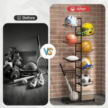 COSTWAY Garage Ball Storage Rack, 7-Tier Basketball Holder With Removable Hanging Rods, Side Ball Basket, Space-Saving Vertical Sports Equipment Organizer For Garage Basement, Black - Black - View 2
