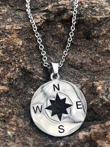 Collar con colgante de brújula de acero inoxidable de moda, regalo para navegación y viajes - Plateado - Ver 5