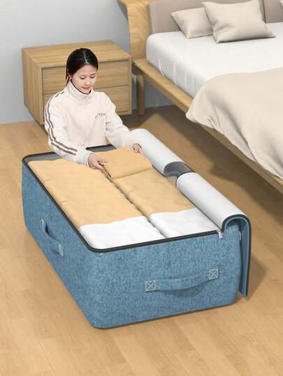 1PC Large Capacity Cationic Fabric Under Bed Storage Bag In Denim Blue With See-Through Window AndSmooth Zipper, Foldable Space-Saving Organizer With Reinforced Handle, Dustproof Moisture-ProofDurable Material For Clothes Linens Blankets, Perfect For Utilizing Under Bed Space In Home Bedroom DormCloset