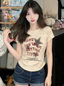 日系女式休闲字母星形印花修身短袖T恤，春夏款 - 杏色 - 查看 2