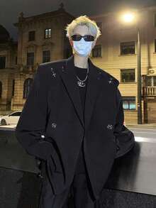Men's Spring And Autumn Season Airplane Buckle Design Suit Jacket, Men's High-End Sense, Loose And Handsome Casual Suit - 黑色 - 查看 1