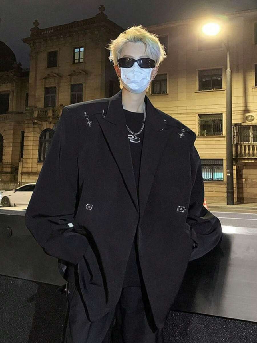 Men's Spring And Autumn Season Airplane Buckle Design Suit Jacket, Men's High-End Sense, Loose And Handsome Casual Suit - 黑色 - 查看 1