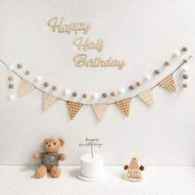 4pcs Non-Woven 6-Month Happy Birthday Decoration Set, Includes Pre-Strung Simple Khaki Celebration Banners & Wreaths, No DIY Required, Party Supplies - Half Year Old - View 1