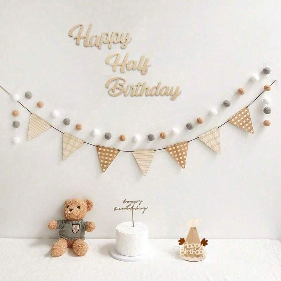 4pcs Non-Woven 6-Month Happy Birthday Decoration Set, Includes Pre-Strung Simple Khaki Celebration Banners & Wreaths, No DIY Required, Party Supplies - Half Year Old - View 1