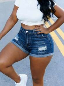 MUZZ 女士夏季休闲派对卷边牛仔短裤，音乐节时尚性感弹力破洞修身沙滩牛仔裤，带毛边和口袋 - 深色水洗藍 - 查看 1