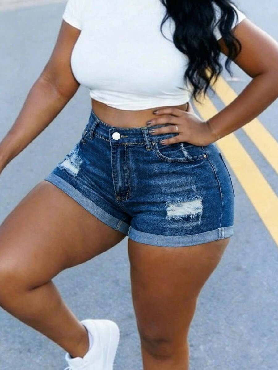 MUZZ 女士夏季休闲派对卷边牛仔短裤，音乐节时尚性感弹力破洞修身沙滩牛仔裤，带毛边和口袋 - 深色水洗藍 - 查看 1