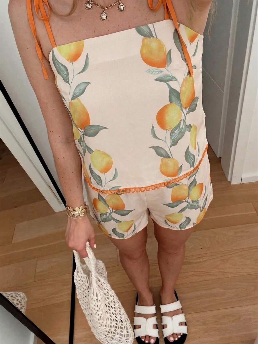 Spring/Summer Lemon Print, Placement Print, Color Blocking, Ruffle Trim Casual Vacation Elegant Women's Suit, Suitable For Outings And Travel - Multicolor - View 1