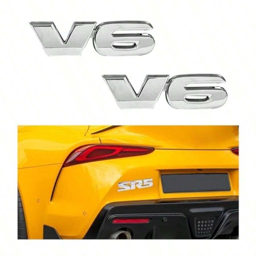 2PCS 3D V6 Metal Emblem Car Fender Side Rear Tailgate Badge Decal Sticker Self-Adhesive Automotive Decal For Fender Bumper Universal Vehicle Exterior Decor Accessories Silver - V6銀色 - 查看 1