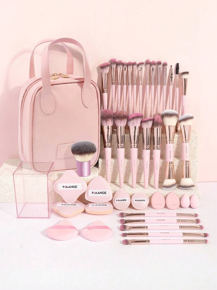 MAANGE Set de 2 piezas/5 piezas/6 piezas/7 piezas/20 piezas/41 piezas de brochas de maquillaje, brochas de maquillaje de doble extremo que incluyen brocha para rubor, brocha para base, brocha para fijación, brocha para polvo, herramientas de maquillaje de viaje - Rosa - Añade 6