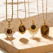 波西米亚风旭日虎眼石项链 | 不锈钢镀金简约日常佩戴首饰，低过敏性，女士个性饰品 - 金色 - 查看 5