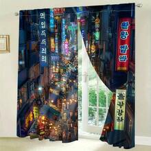 2pcs Vibrant Korean Street Scene Curtains - Contemporary Polyester, Machine Washable, Semi-Transparent With Rod Pocket Design For Bedroom & Various Rooms - 21.65x59/29.53x65.35/41.34x82.68/44.5x90.55 Inch, Curtains For Living Room - Nhiều màu - Xem 4