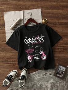 男士美式暗黑街头亚文化图案黑色圆领短袖T恤 - 黑色 - 查看 2