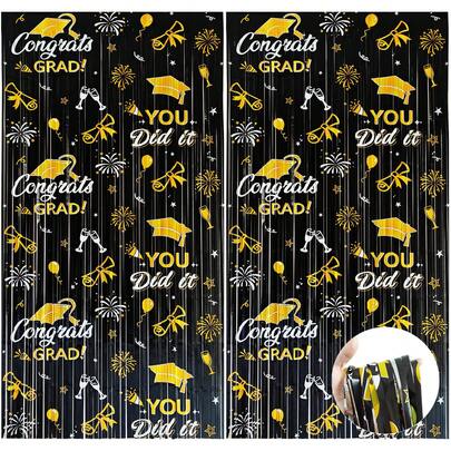 3件套黑色金色金属丝毕业典礼箔片流苏帘，3.3 x 6.6 英尺，毕业装饰，祝贺毕业毕业背景幕布，毕业派对装饰，2026届毕业照相亭背景