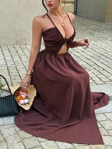 Unadoll Women's Summer Sexy Halter Deep V Ruched Cut Out Waist Back Lace Up Slit Hem Chocolate Brown Maxi Dress Elegant Vacation Party Outfit - Brown - View 4