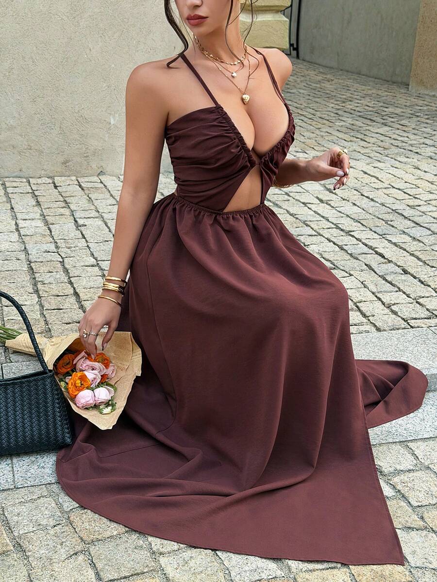 Women's Sexy Spaghetti Strap Deep V-Neck Ruched Slit Backless Tie-Waist Chocolate Color Dress, Elegant For Summer Vacation Party - Brown - View 1