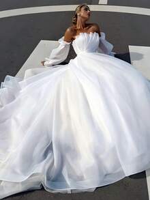 Elegant Sexy Off Shoulder Puff Sleeves Pleat A Line Tulle Formal Wedding Dress,Registry Office Dresses Bridal Gown,Evening Party Dress Birthday Party Dress Country Wedding,Romantic Church Ceremony Wedding Dress,Suitable For Wedding,Dating,Party,Singles' Party,Vacation,Formal Occasions,Dinner Dress,Prom Dress,Homecoming Dess,Cocktail Party,Wedding Guest Dress,Graduation - 白色 - 查看 2