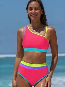 Women's One Shoulder Bikini Set Color Block High Waisted Two Piece Swimsuit Asymmetrical Neon High Cut Tummy Control Sexy Sporty Padded Summer Beach Bathing Suit Retro Flattering - 玫紅色 - 查看 1