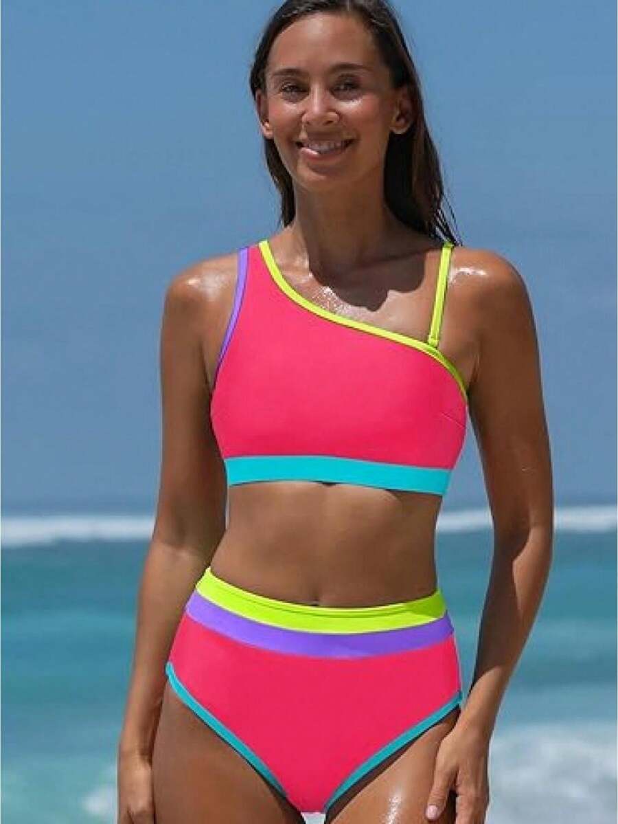 Women's One Shoulder Bikini Set Color Block High Waisted Two Piece Swimsuit Asymmetrical Neon High Cut Tummy Control Sexy Sporty Padded Summer Beach Bathing Suit Retro Flattering - 玫紅色 - 查看 1